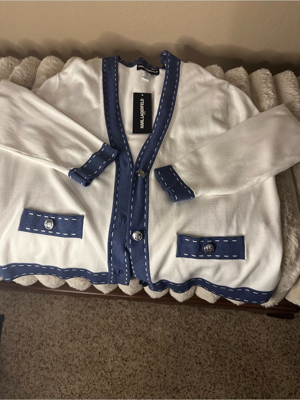 Karl Lagerfeld White Cardigan with Blue Trim - Picture 5 of 8